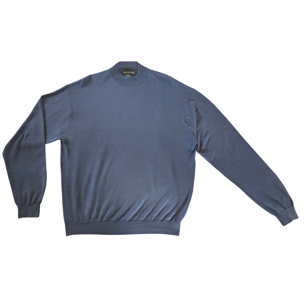 Baracuta Mens Navy Luxury Blue 100% Silk Mock Neck Long Sleeve Knit Sweater L